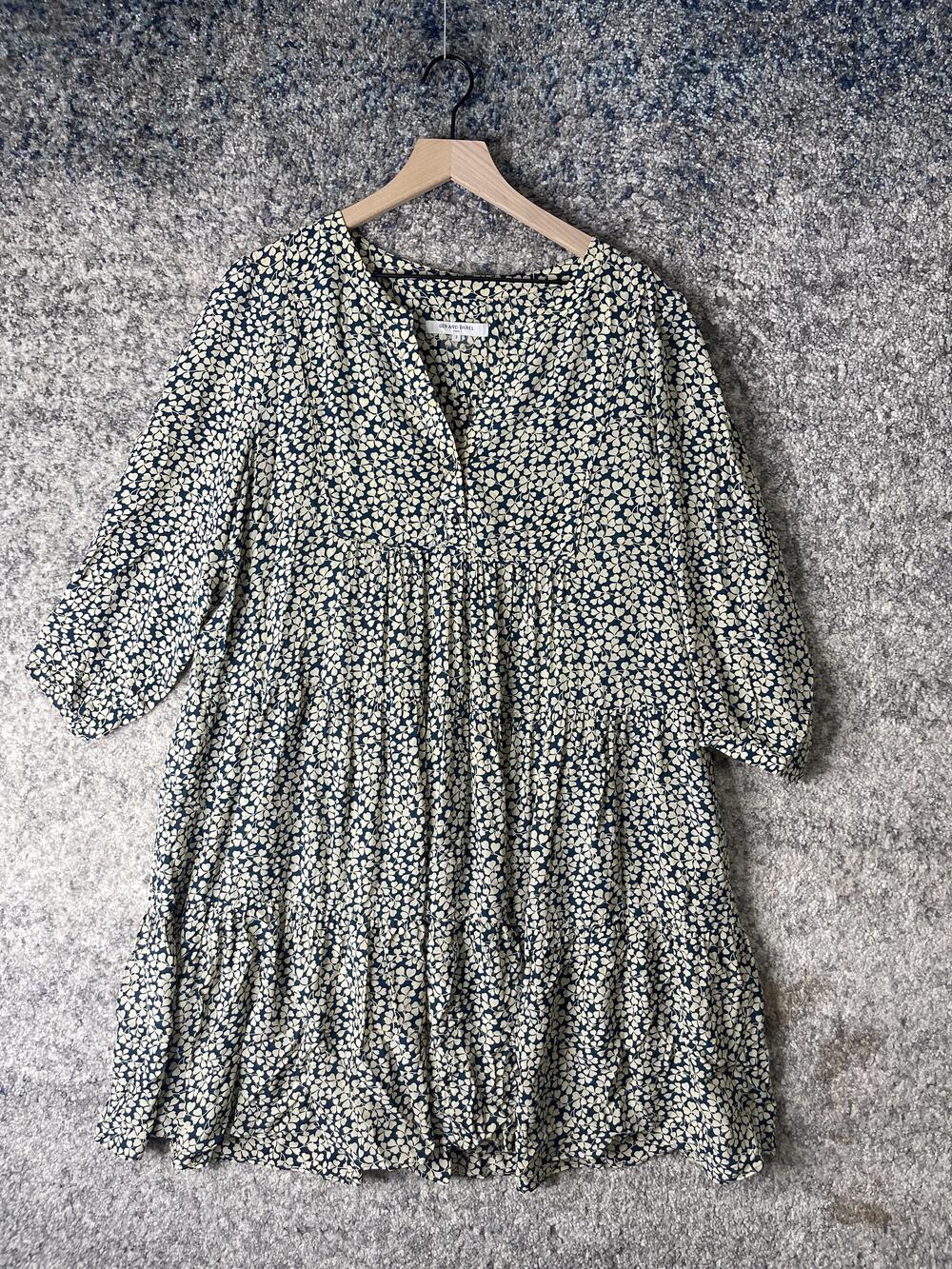 Gerard Darel Dress Womens Large Blue Floral V Neck Tiered 3/4 Sleeve DPR57P181